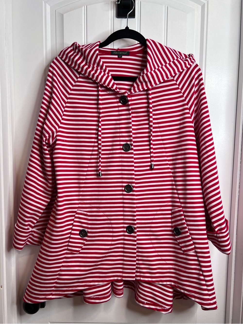 For Cynthia Red and White Striped Nautical Hooded Utility Jacket. Size Large.